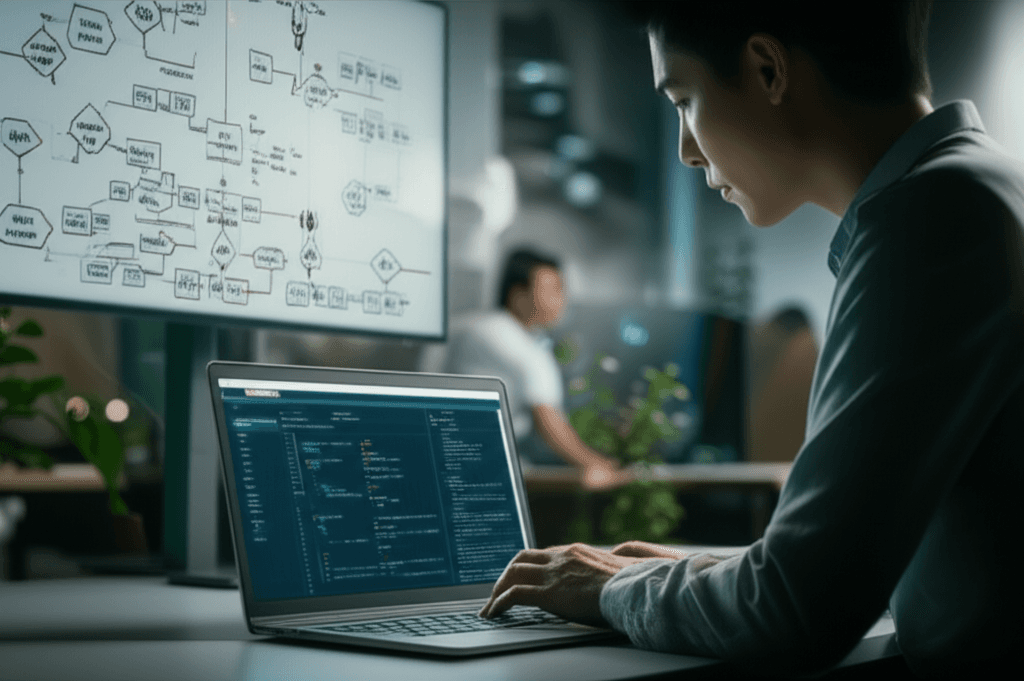 Professional using AI business applications on a laptop in a modern office.