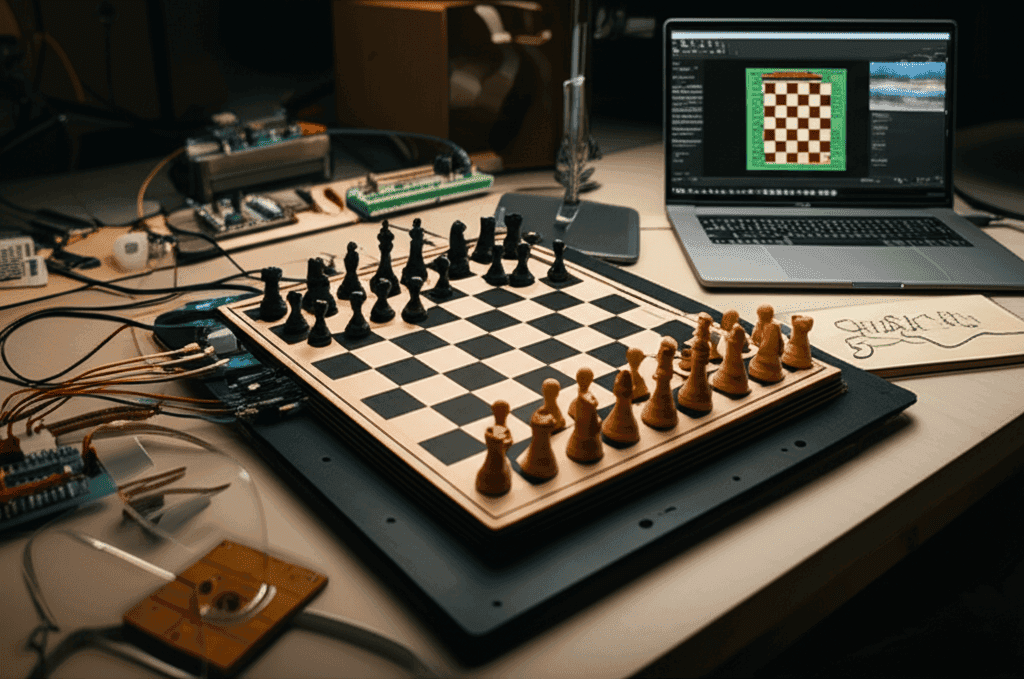 Close-up of the self playing chess board robot with 3D printed pieces and magnetic sensors visible.