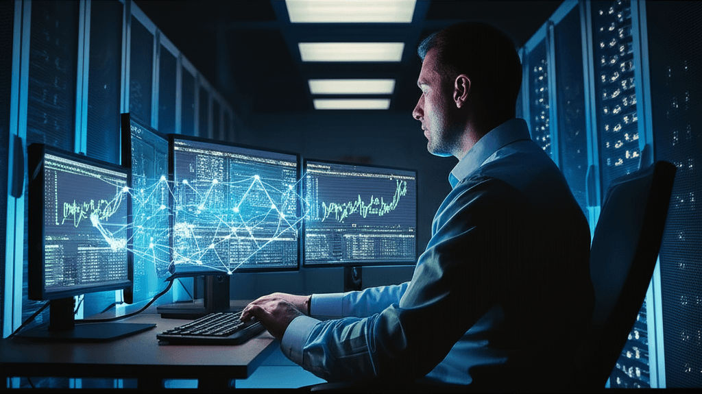 Cybersecurity expert analyzing network traffic for AI security threats.