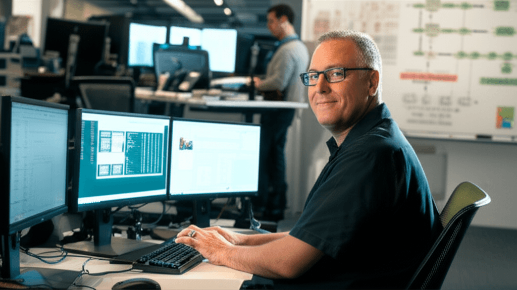 Alan DeKok, a network security expert, working at his computer.