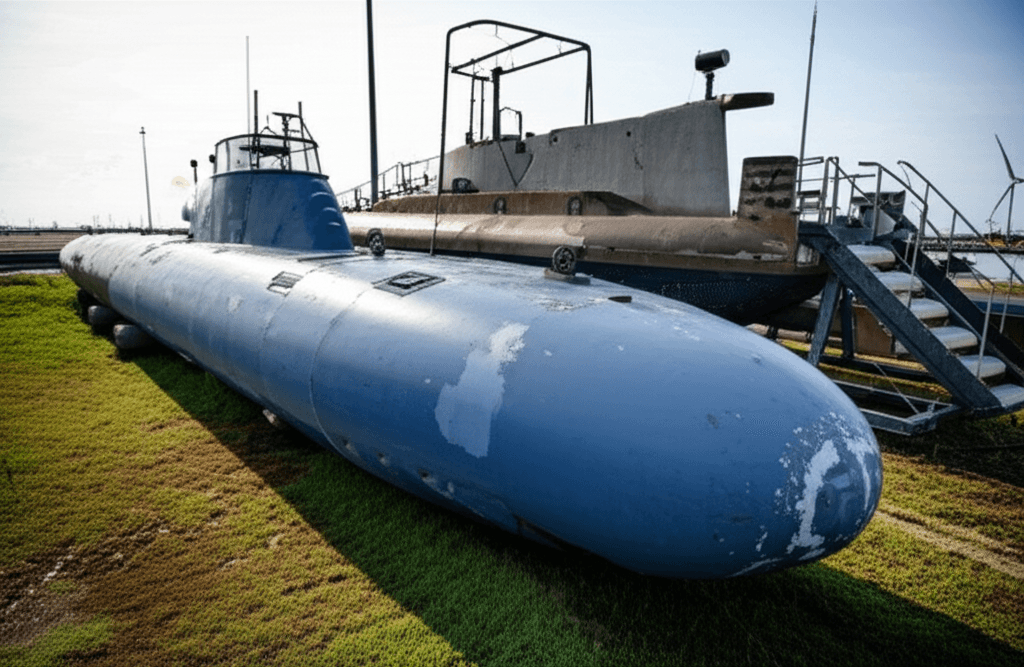 The seized uncrewed narco subs prototype in Cartagena.