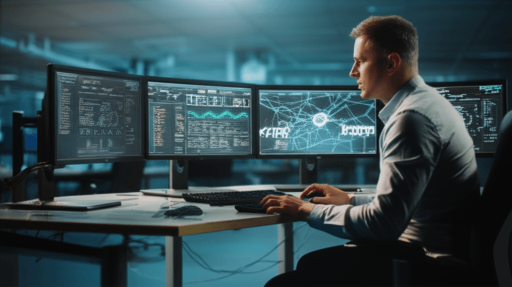 A network security analyst using AI cybersecurity tools to detect threats.
