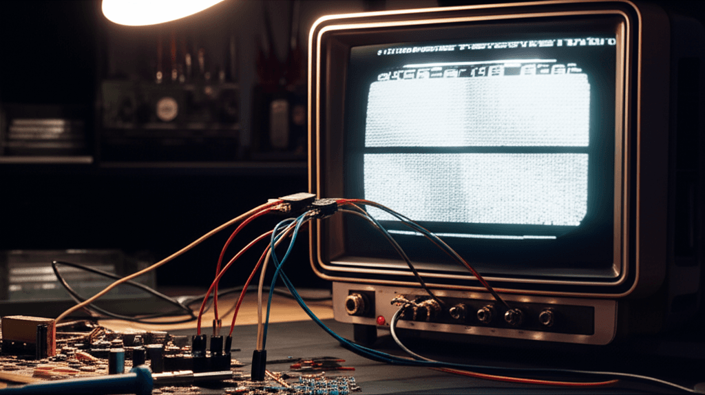 Close up of an STM32 microcontroller connected to an old CRT TV, showcasing the TV transmitter project.