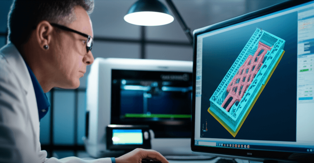 Close-up of a complex micro-scale 3D printed structure being designed on CAD software, highlighting intricate details.