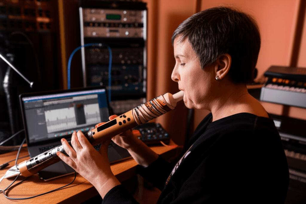 Shieladixon performing on the Haxocorder, a MIDI recorder prototype.