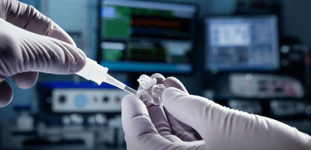 Close-up of a medical device with a strong bond created by medical device adhesives.
