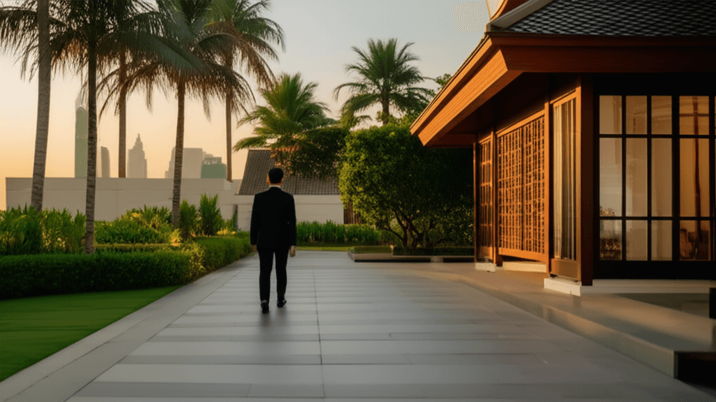 A luxury Thai hotel empire resort with a financial district skyline in the background representing restructuring.