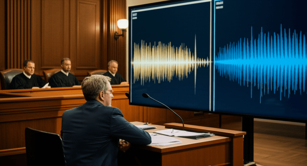 David Greene speaking into a microphone, overlaid with an AI circuit board pattern to represent the AI voice lawsuit.
