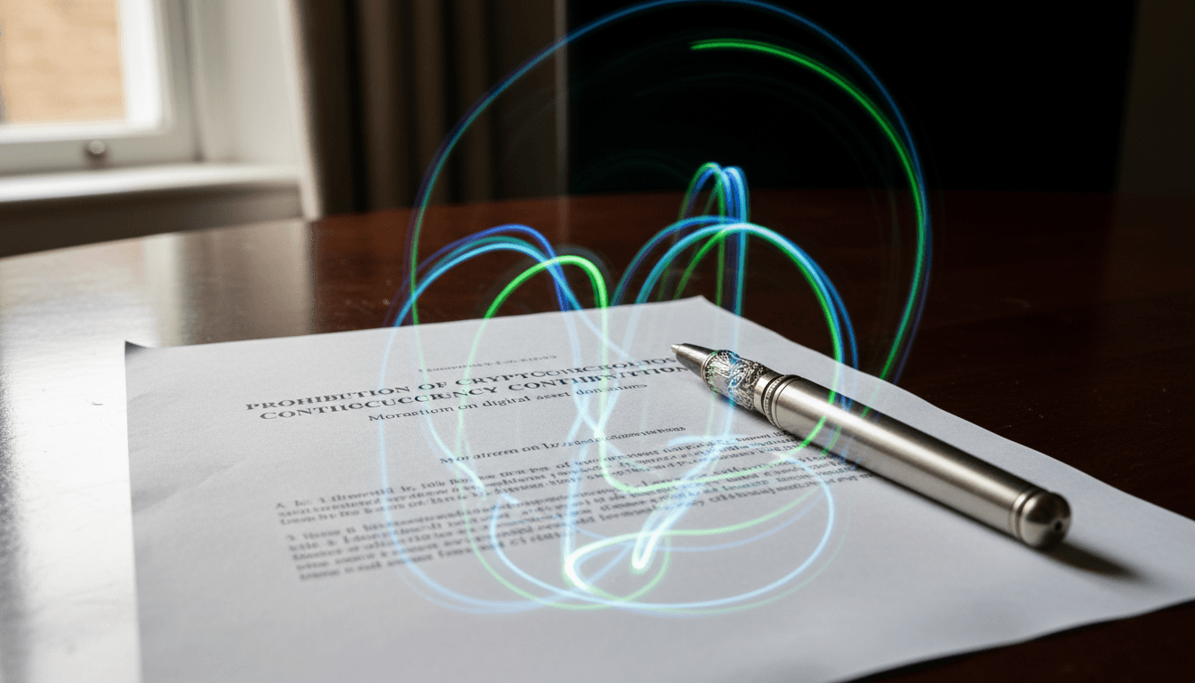 A legislative document with the words 'crypto donation ban' highlighted, resting on a polished wooden table in a parliamentary setting.