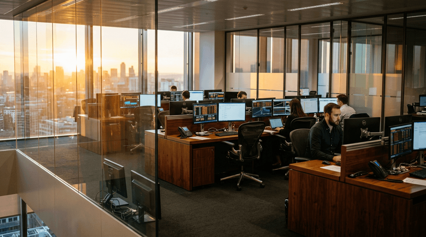A professional trader analyzing Iran conflict trading charts on multiple monitors in a modern office.