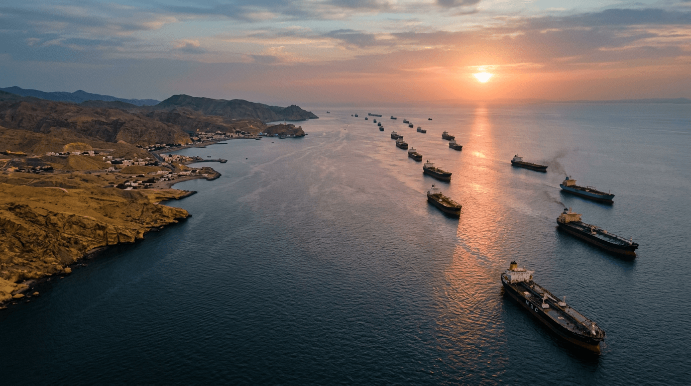 Aerial view of oil tankers navigating the Strait of Hormuz during the Iran war oil crisis
