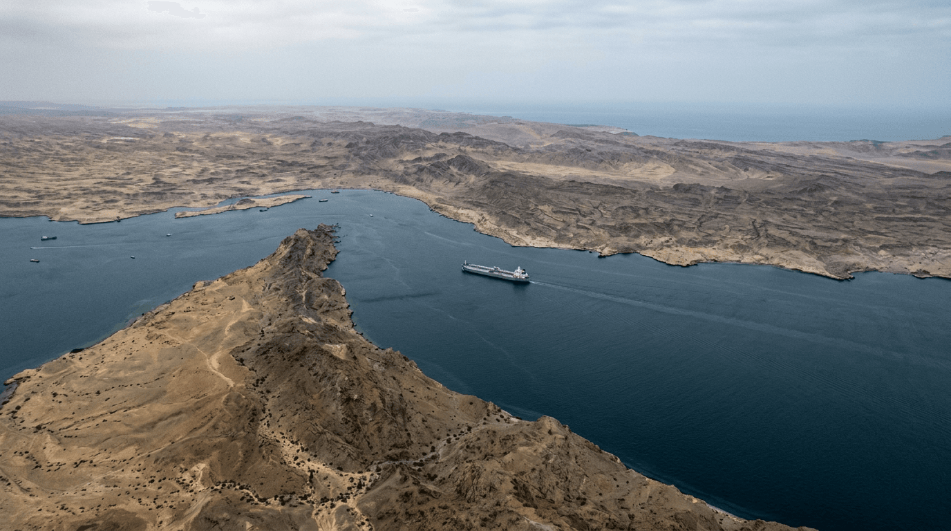 An aerial view of the Strait of Hormuz, showing a supertanker navigating the narrow waterway with surrounding landmasses, illustrating the critical Hormuz shutdown point.