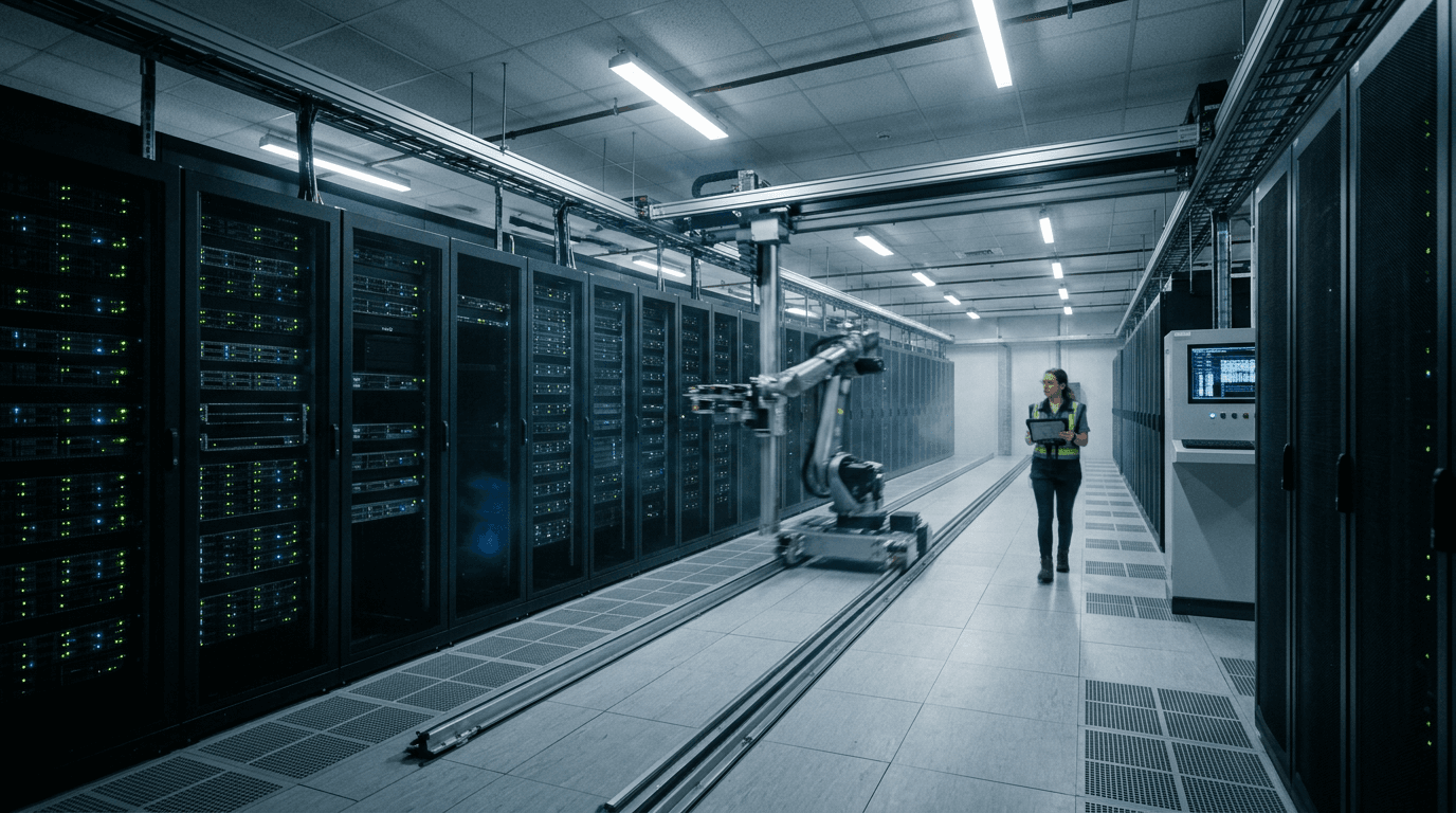 A futuristic data center with glowing server racks, representing the AI infrastructure that the Amazon bond issuance will fund.