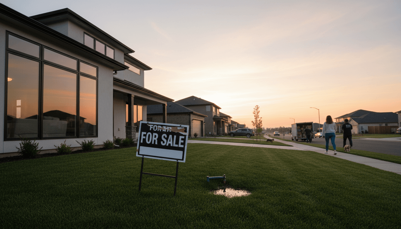 A 'For Sale' sign standing in front of a modern suburban house, with a graph showing mortgage rates swing back above 6% overlaid transparently.