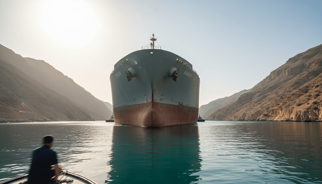 A supertanker navigating the narrow, strategic waters where Brent oil futures climb above $100, with an Iranian coastline visible in the distance.