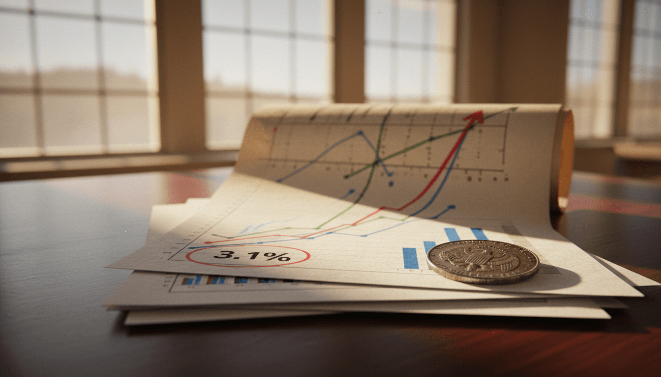 A composition of financial charts and graphs showing a rising trend, with a magnifying glass highlighting the 3.1% Core PCE inflation figure.
