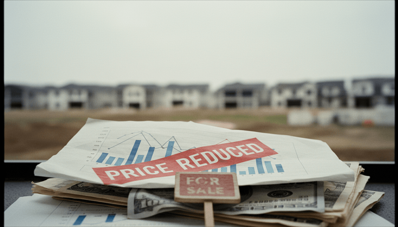 A 'For Sale' sign with a significant 'Price Reduced' sticker, symbolizing Lennar cuts home selling price in the current challenging market.