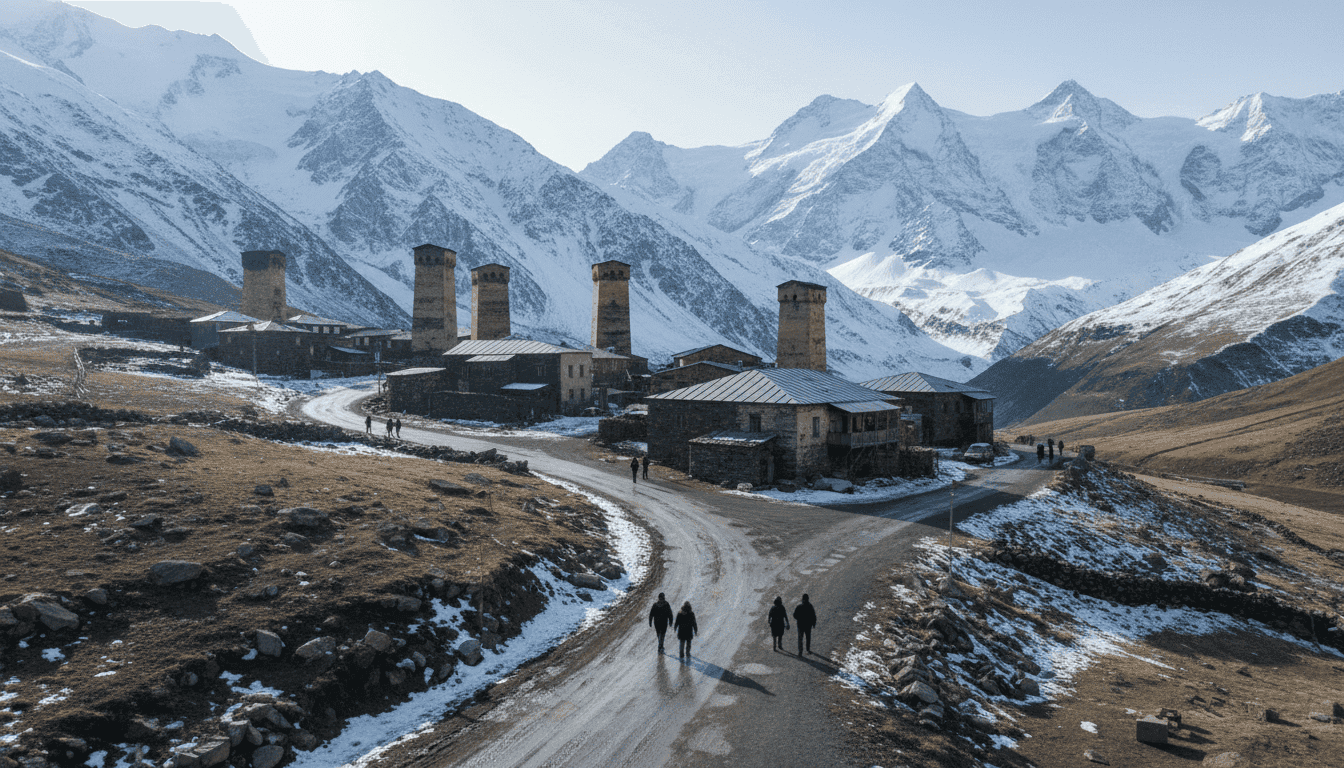 Aerial view of the remote Svanetia region, highlighting the isolated mountain village of Ushguli from 'Salt for Svanetia'.