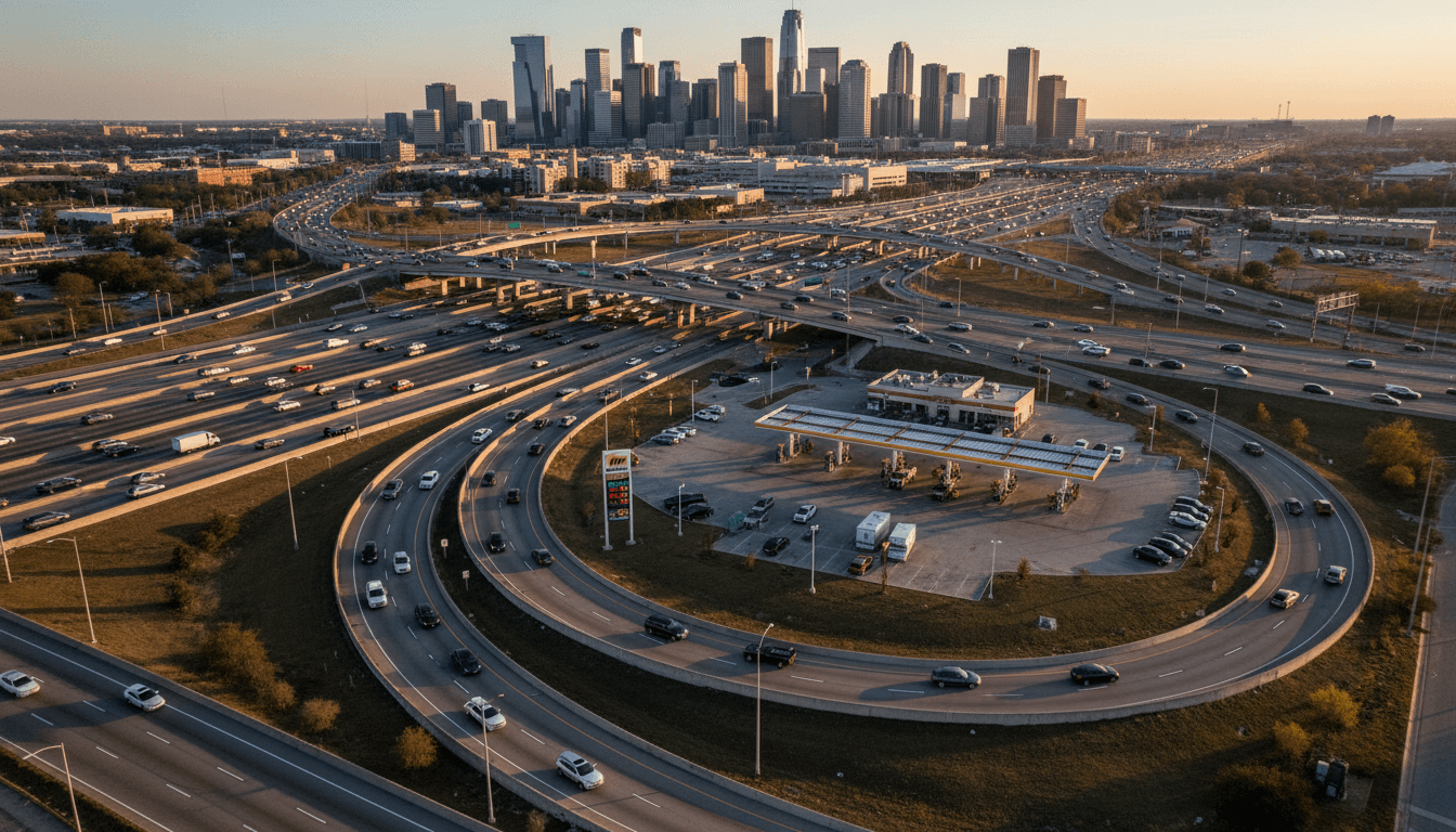 Aerial view of a bustling highway with cars, illustrating the widespread impact of tax refund erosion due to rising gasoline prices.