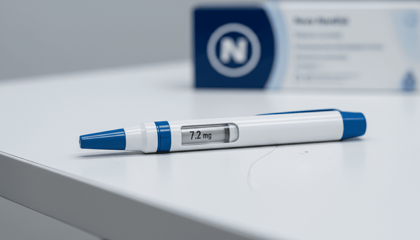 A close-up of a Novo Nordisk Wegovy HD weight loss injectable pen with the 7.2 mg dosage clearly visible, resting on a clean, medical-themed surface.