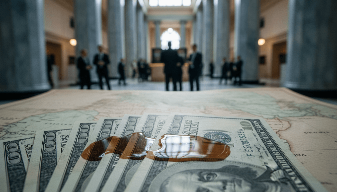 A close-up of a stack of US dollar bills with a faint, shimmering oil slick reflection on the surface, symbolizing critical dollar dominance.