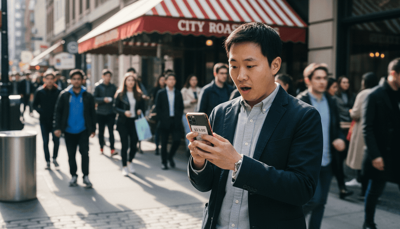 A 30-year-old looking at a smartphone screen with a surprised expression, contemplating a large cellphone bill debt.
