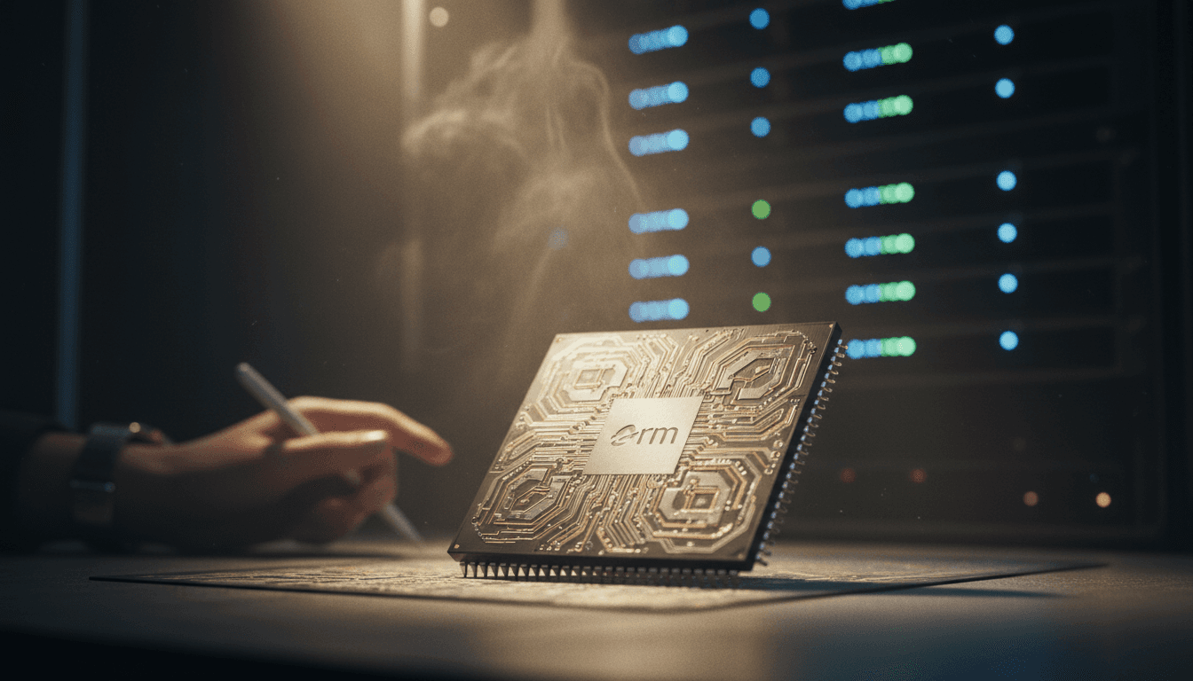 Close-up of a sophisticated AGI CPU chip with 'Arm' logo visible, surrounded by intricate circuitry, symbolizing the technological innovation driving Arm stock surges.