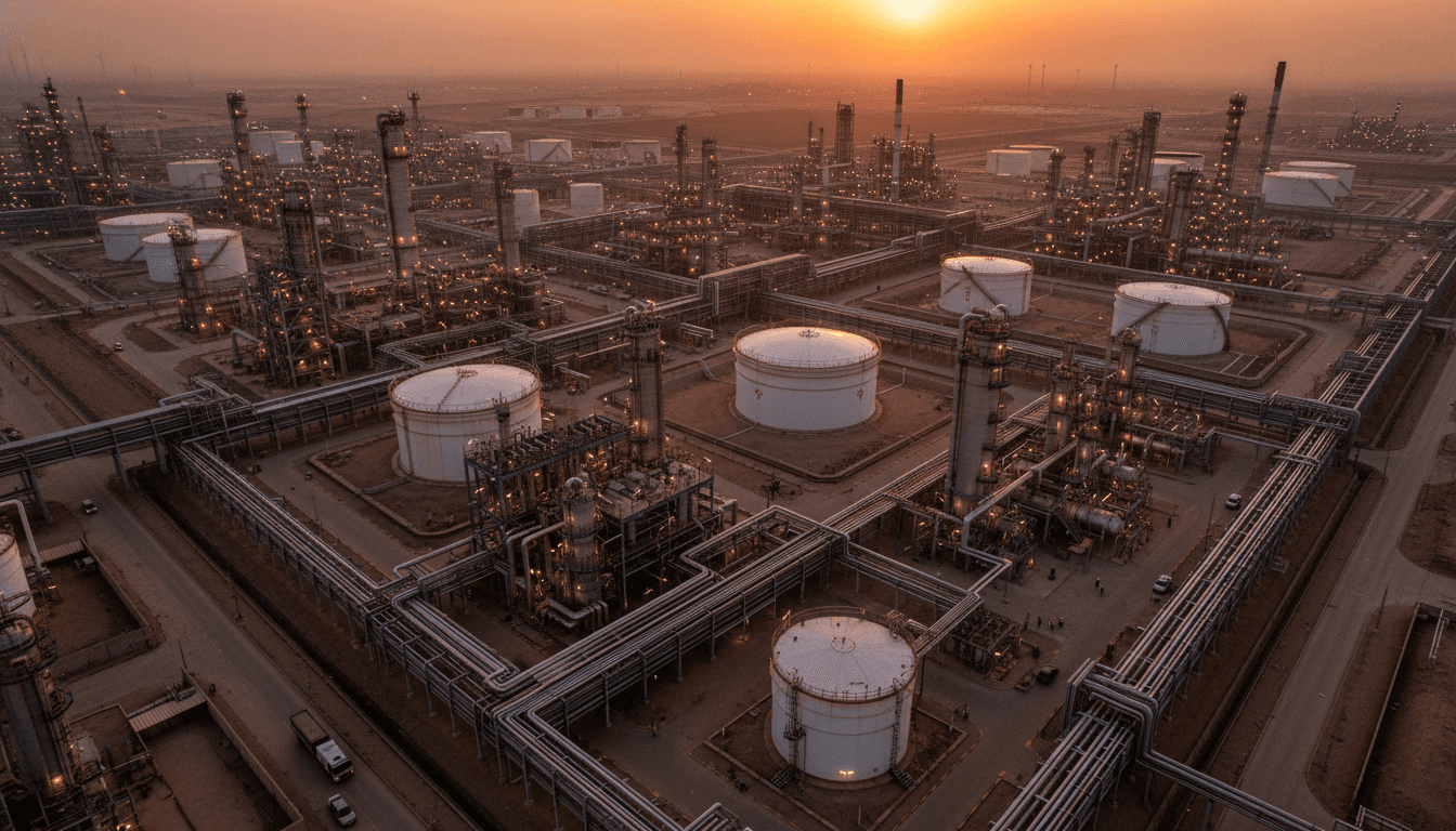 An aerial view of Iranian oil refinery infrastructure at dusk, emphasizing the strategic targets if Trump pauses Iran attack plans were to end.