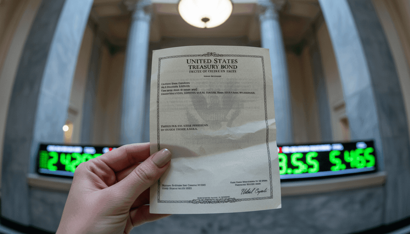 A hand holding a US Treasury bond certificate, showing the impact as US Treasury auctions face weakest demand in years.