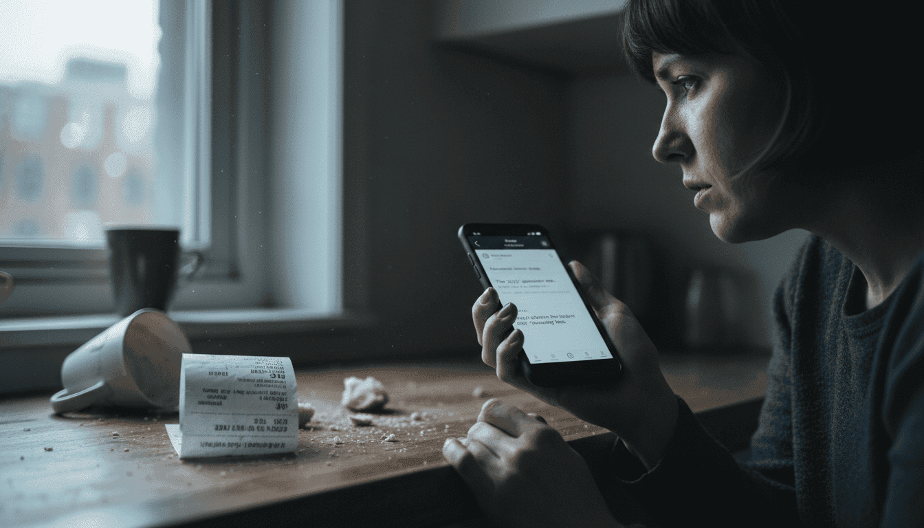 A hand holding a smartphone displaying an Airbnb review screen, with a faint shadow of an Airbnb unpaid bill in the background, symbolizing the host's dilemma.