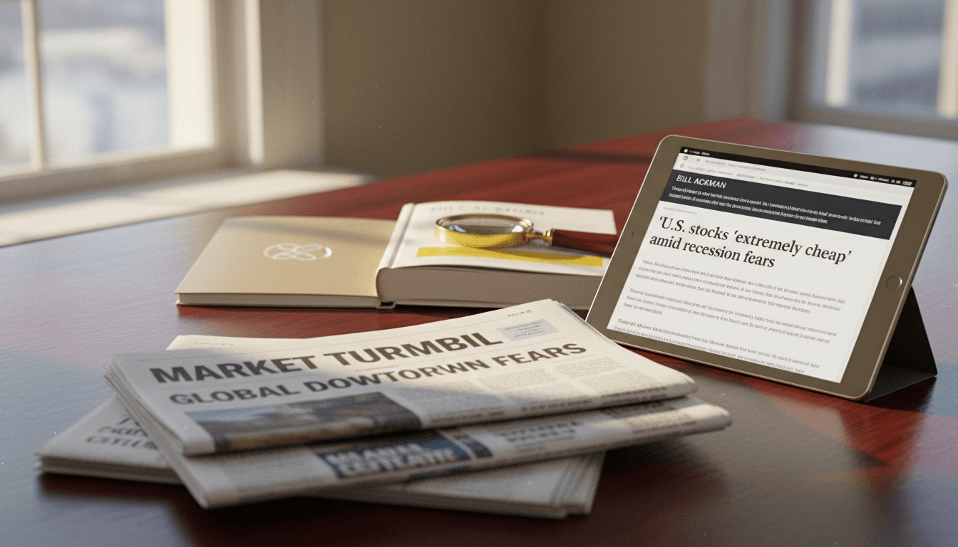 A collection of financial newspapers, a Bill Ackman biography, and a Pershing Square annual report, with the headline 'U.S. stocks 'extremely cheap'' visible on a tablet screen.