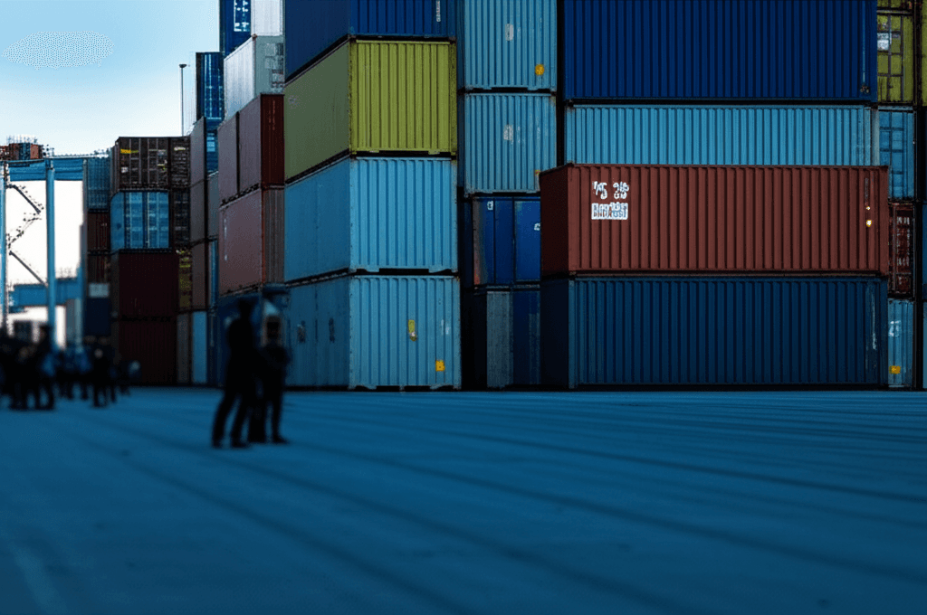 Stacks of shipping containers at a busy port, with blurred figures in the background.