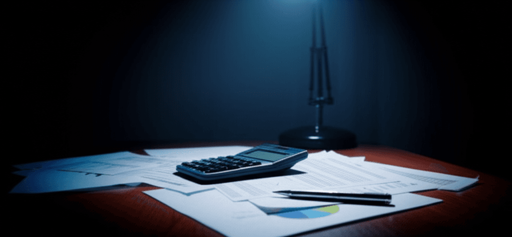 Financial documents scattered on a table, suggesting corporate fraud.