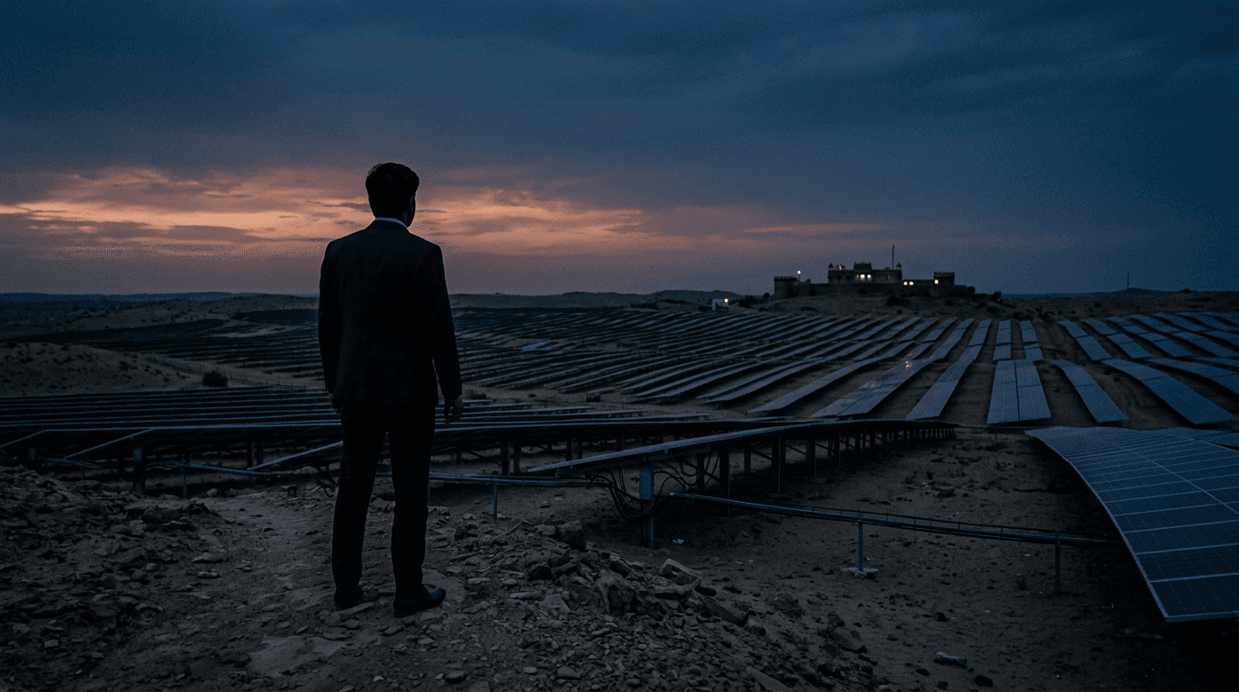 A silhouette of a businessman looking over a massive solar farm at dusk, representing the Adani bribery scandal.