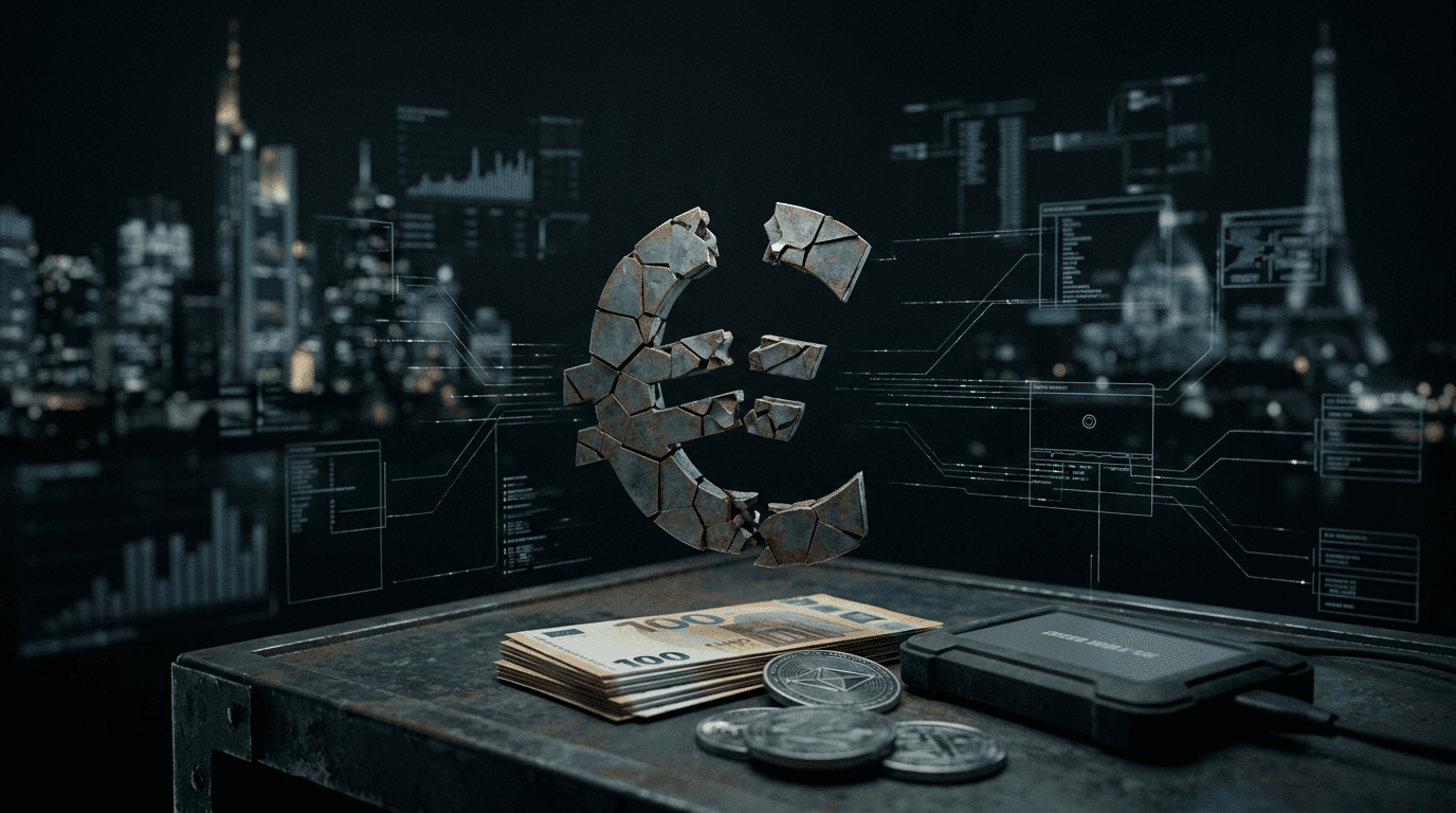 A stylized depiction of carbon emission quotas being digitally traded across a European map, with a broken VAT symbol superimposed, hinting at the illicit financial flows of the carbon tax fraud.