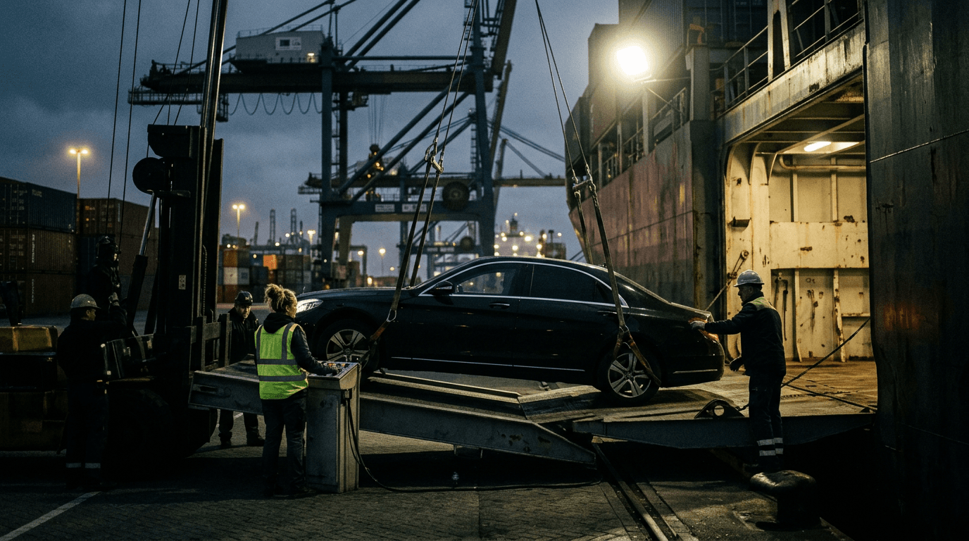 Armored luxury car being loaded onto a cargo ship at a dimly lit port at dawn, with industrial cranes in the background.