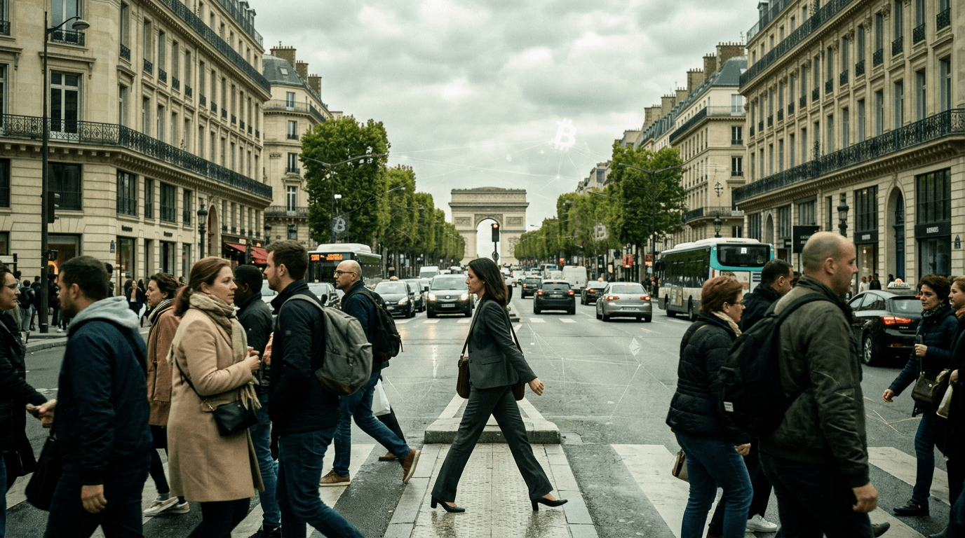 A bustling street scene in Paris with a digital overlay of cryptocurrency symbols and blurred figures, suggesting a hidden financial network.