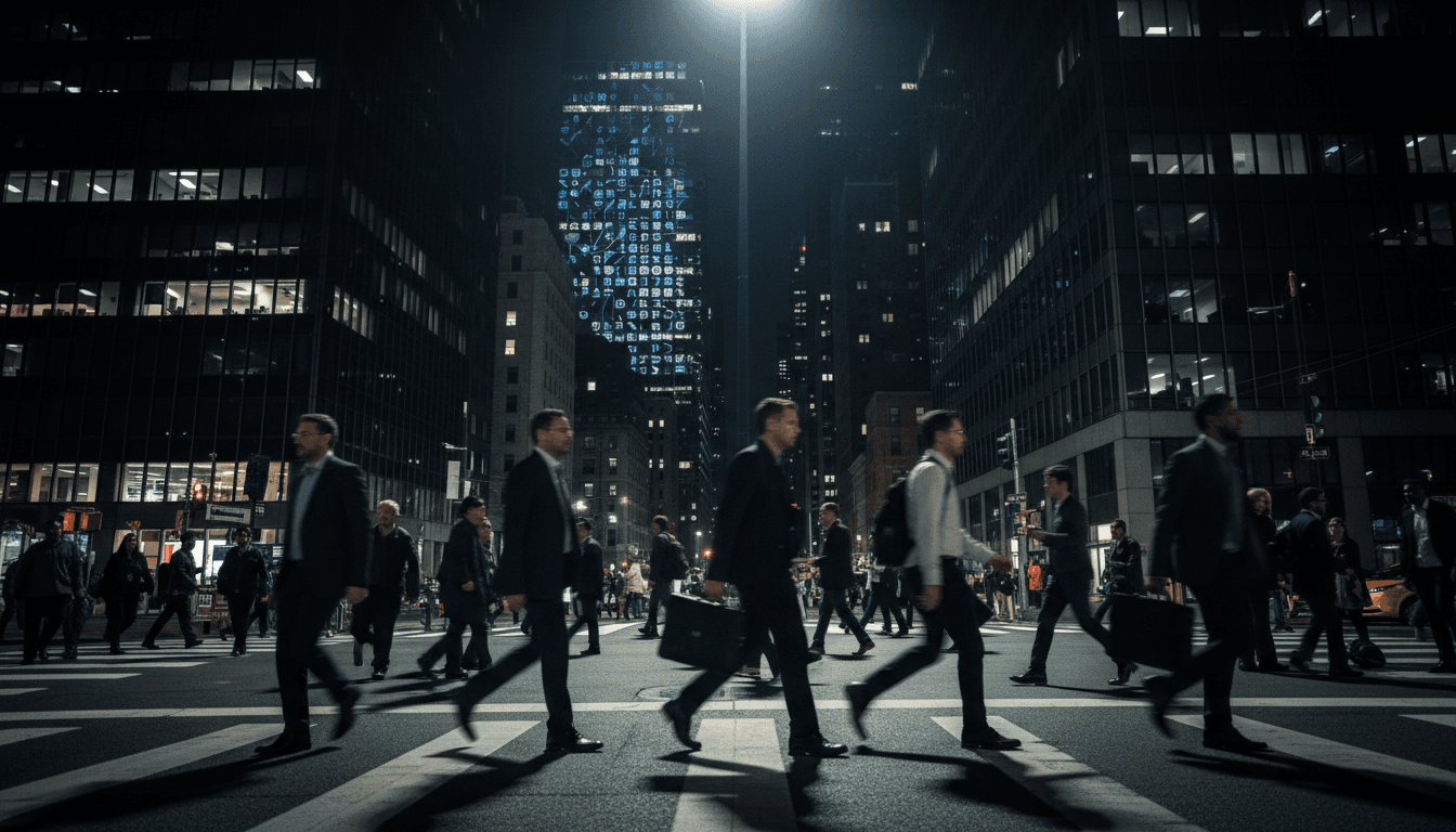 A street-level candid shot of a modern financial district with blurred figures walking, and a digital currency exchange logo subtly visible on a building screen in the background, hinting at the illicit operations.