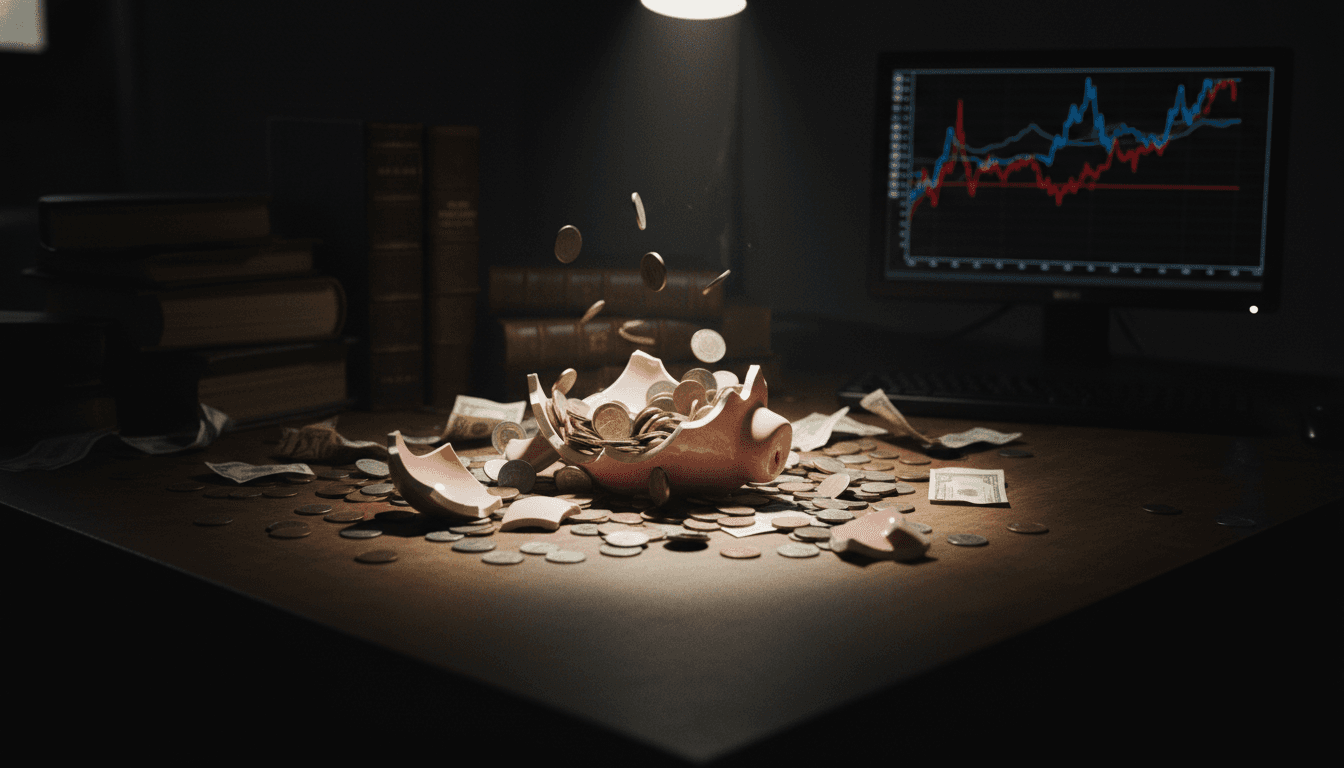 A stylized, broken piggy bank with money spilling out, overlaid with a silhouette of a courthouse or county building, symbolizing public trust betrayed and financial loss.