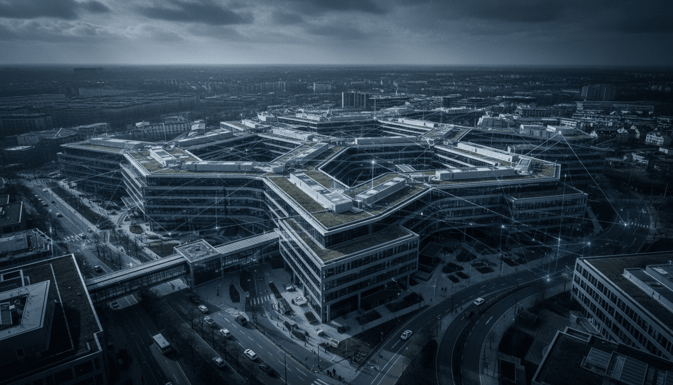 Aerial view of a sprawling insurance company headquarters with subtle digital overlays indicating data flows and security measures, symbolizing the MIBI's role in combating fraud.