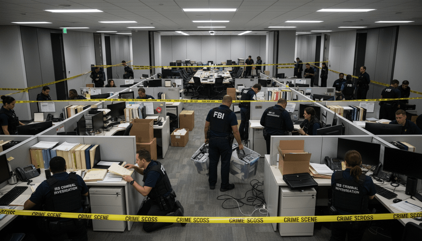 Federal agents investigating a corporate office, with documents scattered and computers being seized.