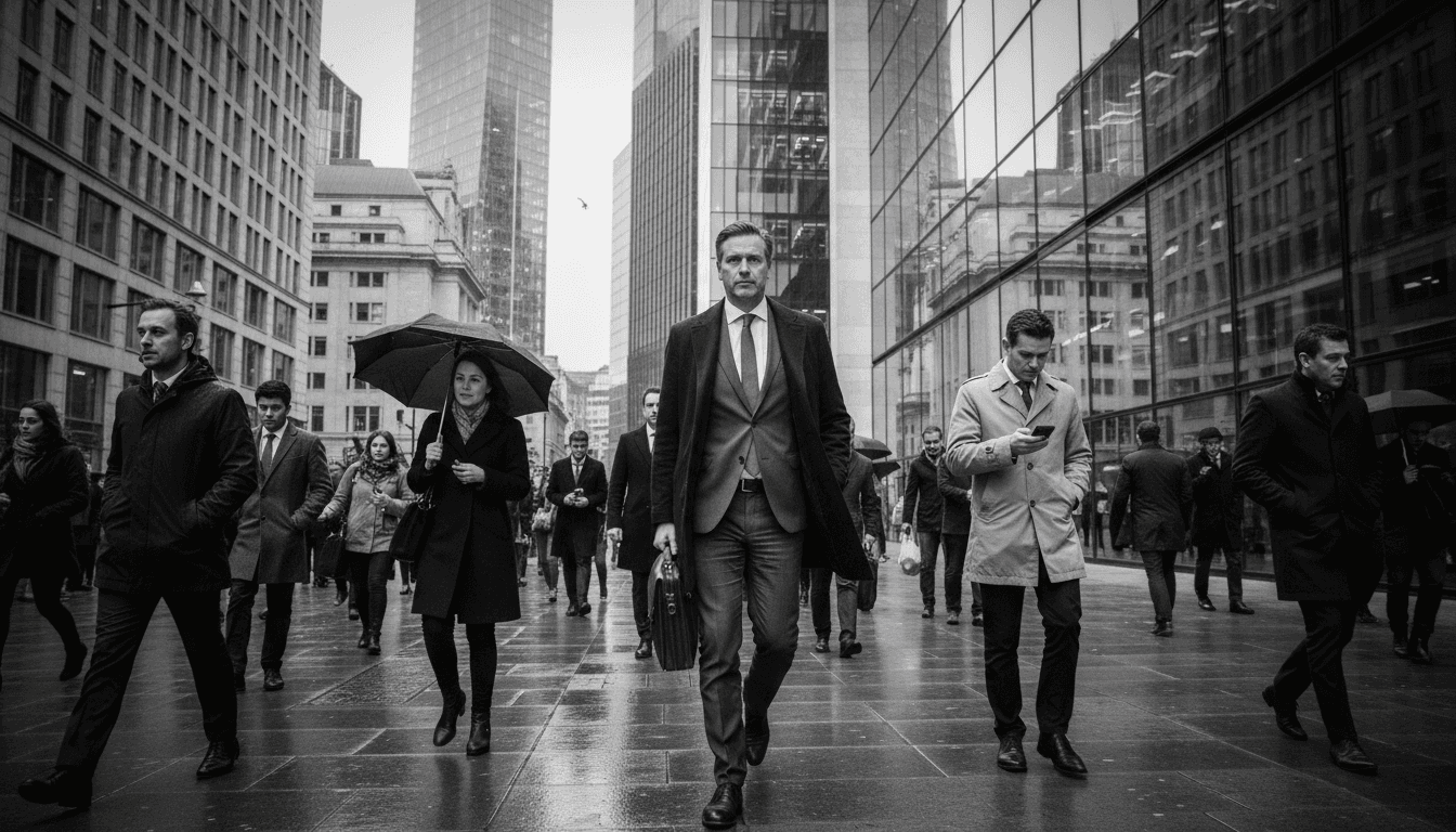 Chris Vogelzang walking briskly past a modern glass office building, looking focused.