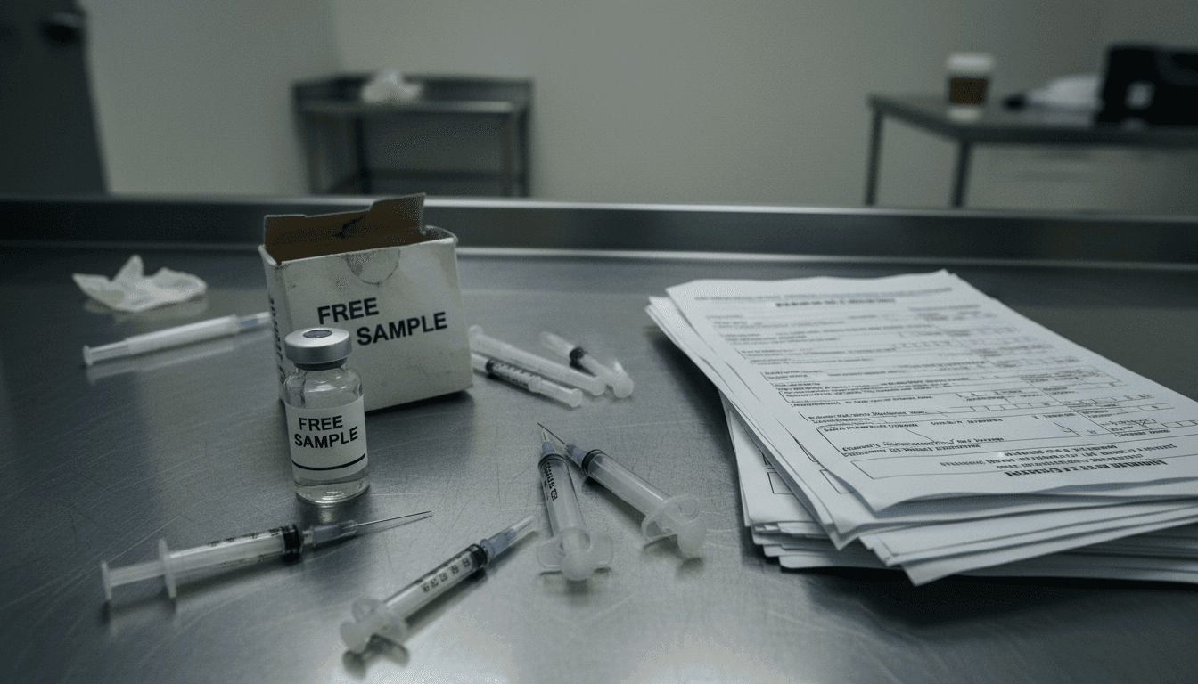 Still life composition of medical supplies: a free sample medication box, an expired vial, a syringe, and a stack of fraudulent insurance claim forms on a clinic counter.