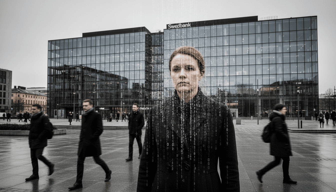 Former Swedbank CEO Birgitte Bonnesen standing in front of the Swedbank headquarters in Stockholm, with a blurred background suggesting financial data or reports related to money laundering.