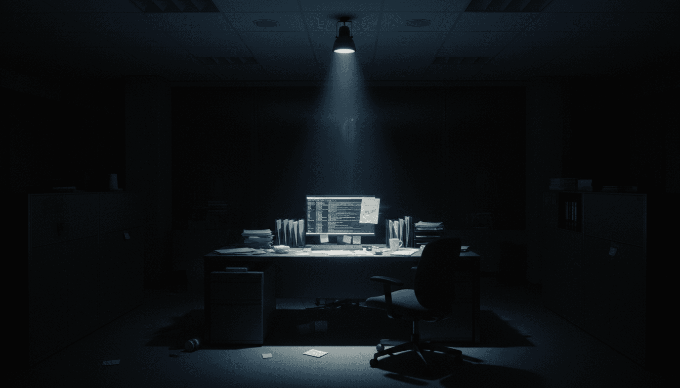 A dimly lit, empty corporate office at night, with a single spotlight on a desk cluttered with financial documents and a computer screen displaying complex transaction data, conveying a sense of hidden activity and the quiet aftermath of financial misconduct.