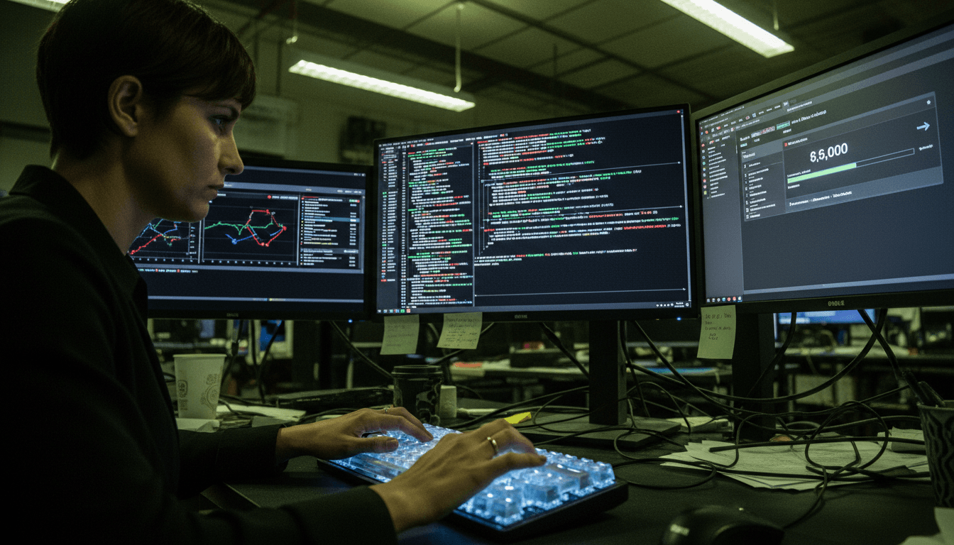 A hacker's hands typing rapidly on a keyboard, with a blurred screen displaying lines of code and digital currency symbols, reflecting the swift execution of a social engineering fraud.