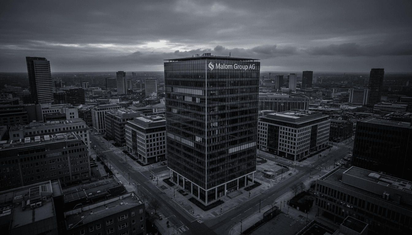 An aerial view of a deserted, modern office building with a logo 'Malom Group AG' subtly visible on its facade, symbolizing the collapse of a fraudulent investment company.
