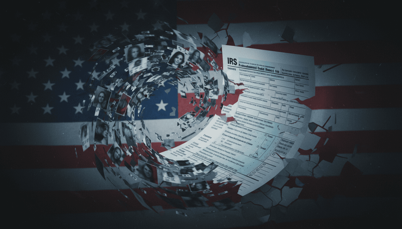A digital representation of stolen identities, with numerous blurred faces and personal data fragments flowing into a central, stylized tax form, overlaid with a shattered American flag motif, symbolizing the breach of trust and fraudulent acquisition of citizenship.