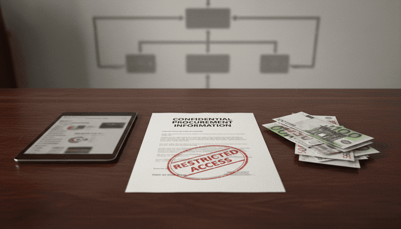 A still life composition featuring a stylized document labeled 'Confidential Procurement Information' with a 'Restricted Access' stamp, a tablet displaying a blurred IT project bid, and a stack of Euro banknotes, all arranged on a polished government desk. A subtle shadow of a network diagram is cast in the background.