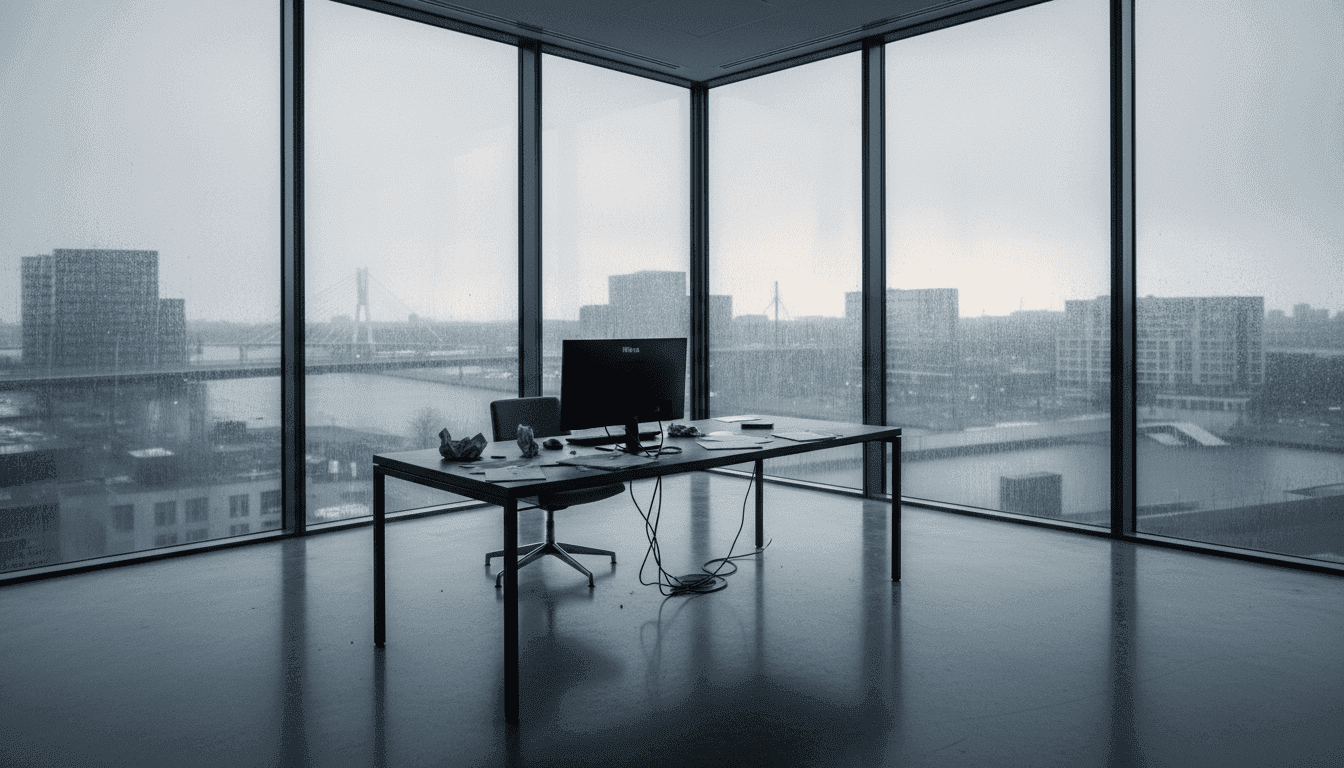 A dimly lit, empty modern office space with a faint glow from computer screens, conveying a sense of abandonment and the quiet aftermath of a financial crime.